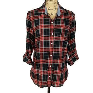 💥5/$25 Tommy Hilfiger Womens S Top Black Red Plaid Button Front Roll Tab Sleeve